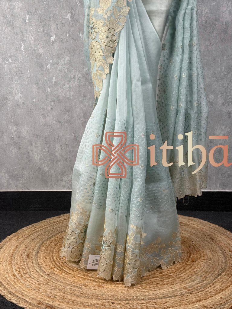 SILK ORGANZA APPLIQUE EMBROIDERY SAREE - Image 3