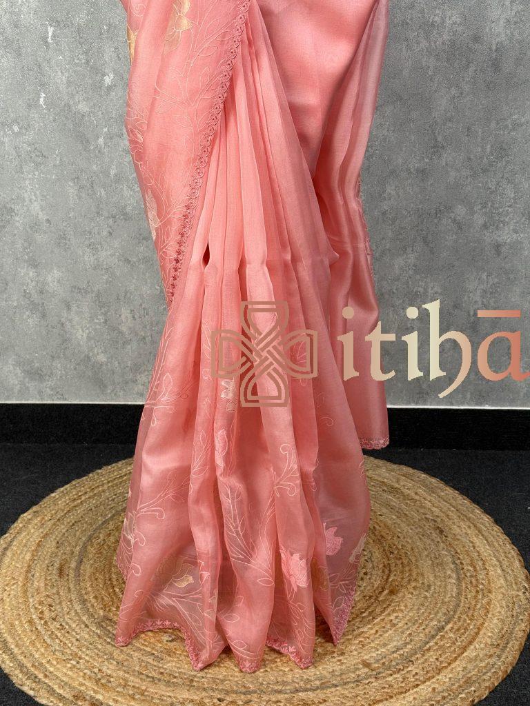 SILK ORGANZA TISSUE APPLIQUE EMBROIDERY SAREE - Image 3