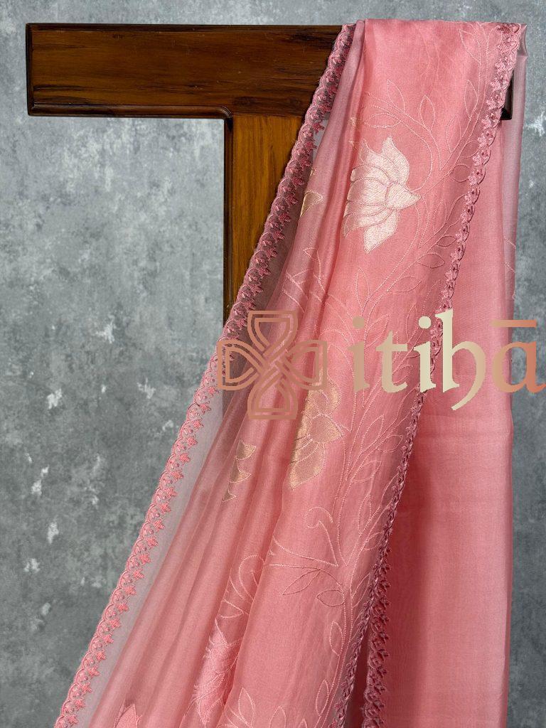 SILK ORGANZA TISSUE APPLIQUE EMBROIDERY SAREE - Image 2