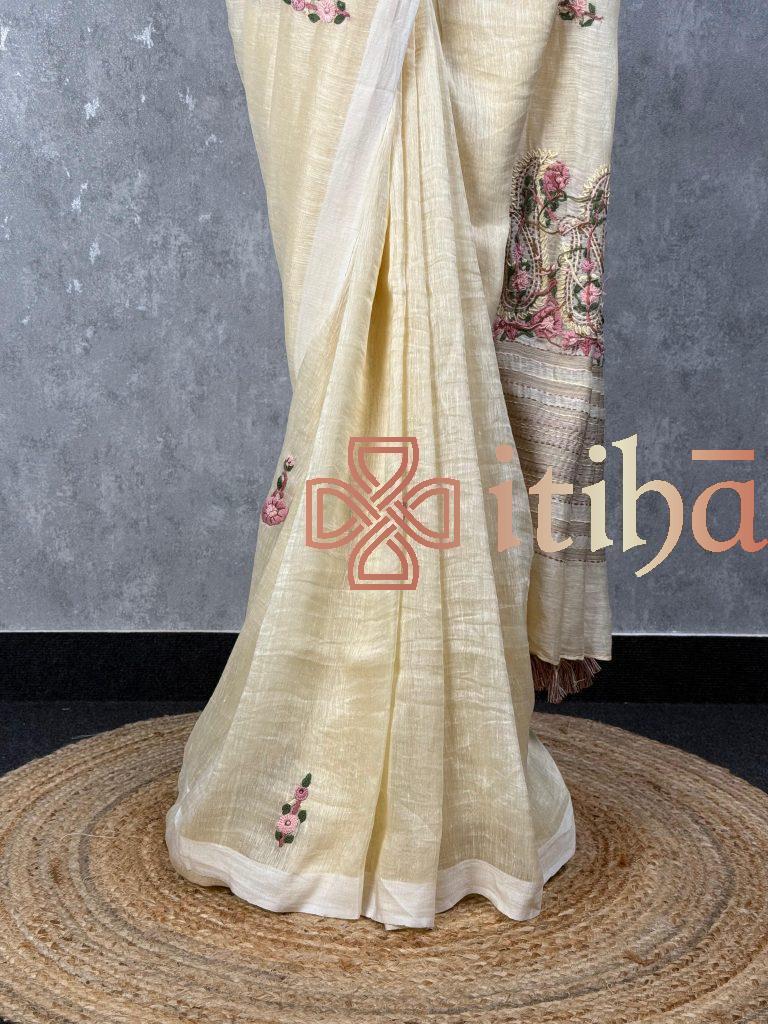 SILK LINEN EMBROIDERY SAREE - Image 3