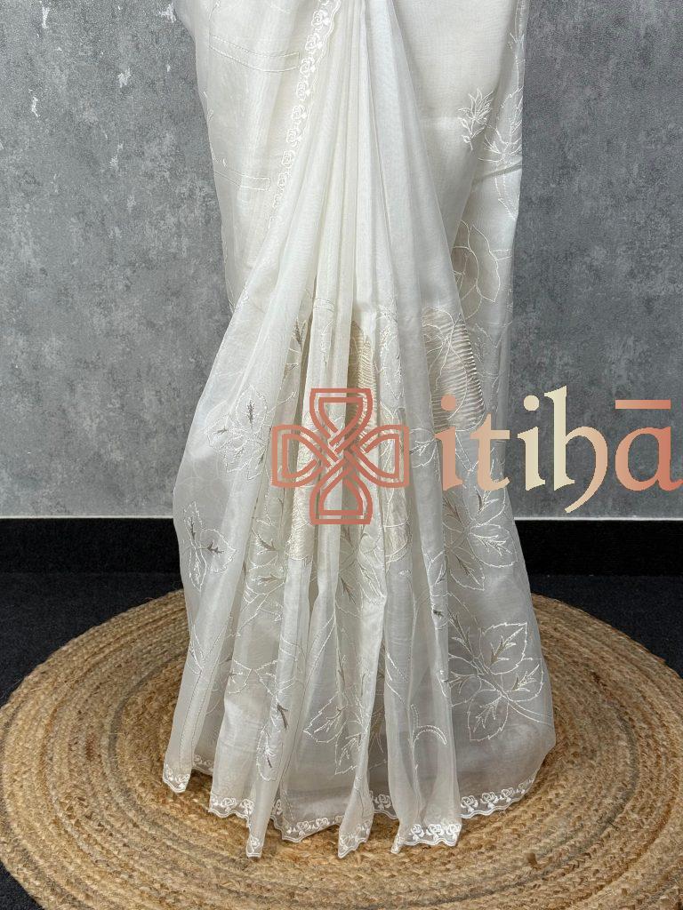 SILK ORGANZA TISSUE APPLIQUE EMBROIDERY SAREE - Image 3