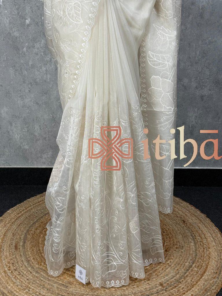 SILK ORGANZA TISSUE APPLIQUE EMBROIDERY SAREE - Image 3