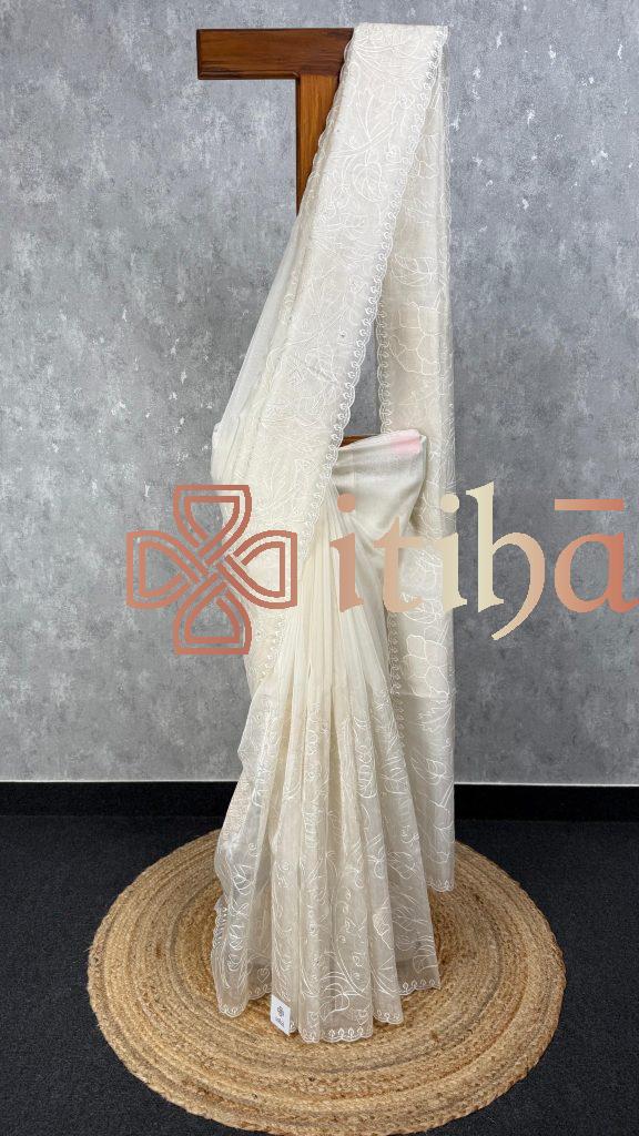 SILK ORGANZA TISSUE APPLIQUE EMBROIDERY SAREE