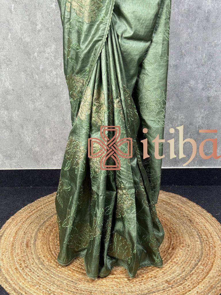 TUSSAR SILK APPLIQUE EMBROIDERY SAREE - Image 3