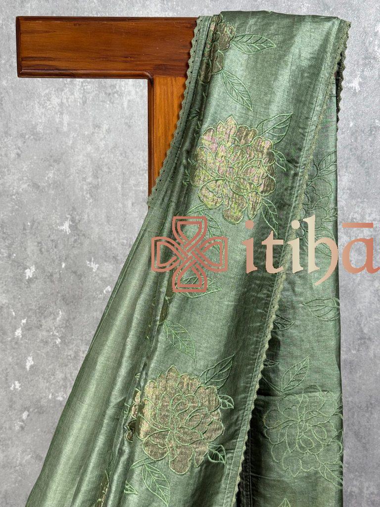 TUSSAR SILK APPLIQUE EMBROIDERY SAREE - Image 2