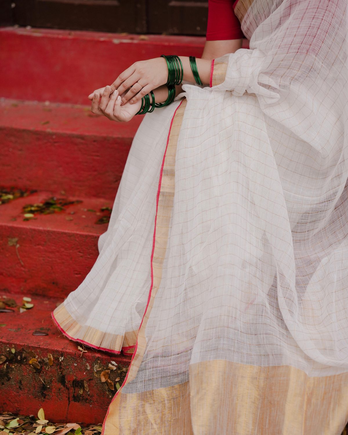 COTTON LINEN ZARI CHECKS HANDLOOM SAREE - Image 3