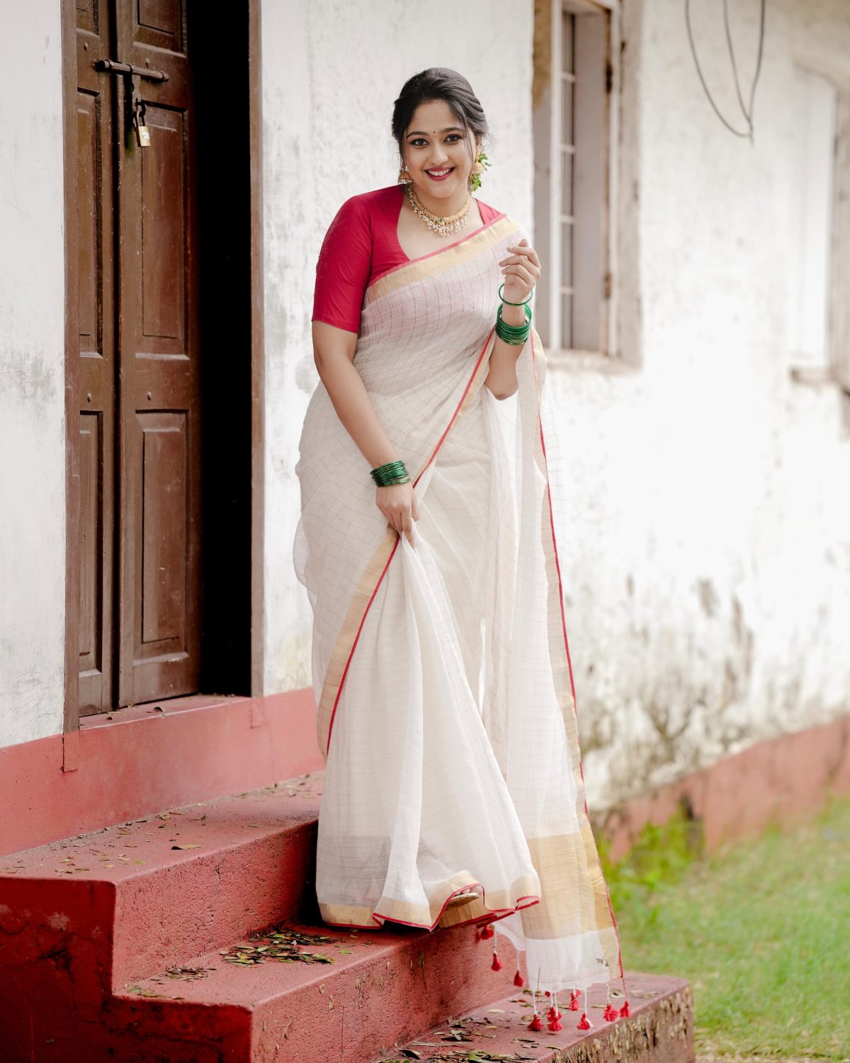 COTTON LINEN ZARI CHECKS HANDLOOM SAREE - Image 2
