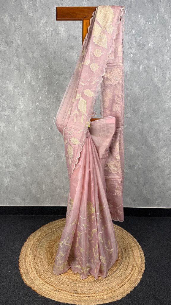 SEMI ORGANZA TISSUE APPLIQUE EMBROIDERY SAREE