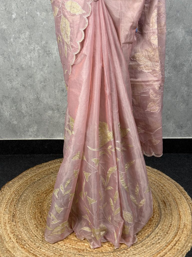 SEMI ORGANZA TISSUE APPLIQUE EMBROIDERY SAREE - Image 3