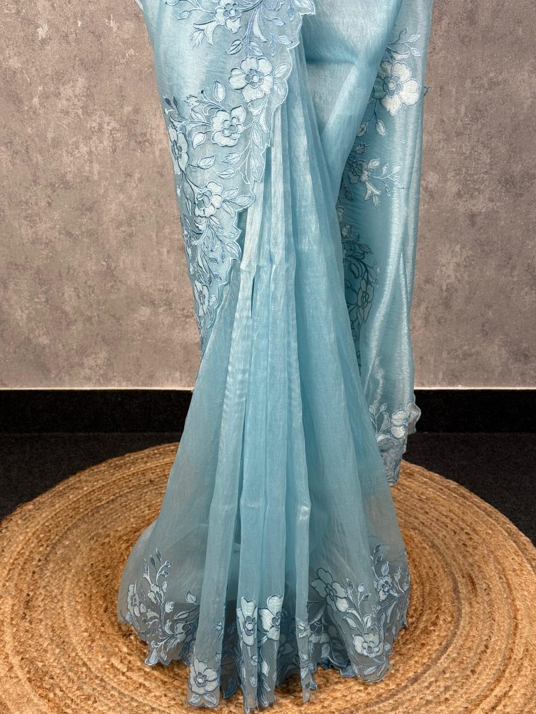GLASS TISSUE ORGANZA EMBROIDERY SAREE - Image 3