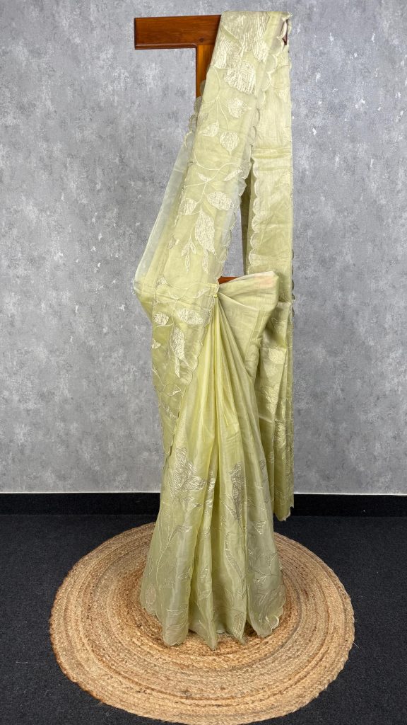 SEMI ORGANZA TISSUE APPLIQUE EMBROIDERY SAREE