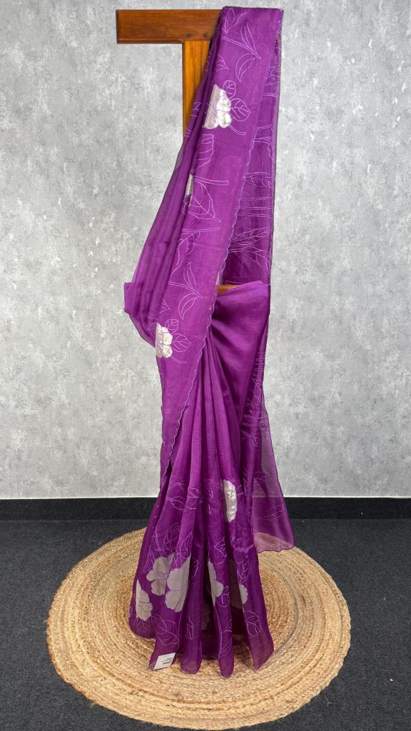SILK ORGANZA TISSUE APPLIQUE EMBROIDERY SAREE