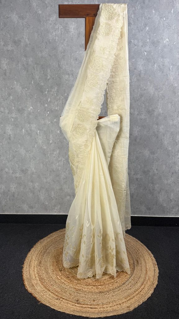 SEMI ORGANZA TISSUE APPLIQUE EMBROIDERY SAREE