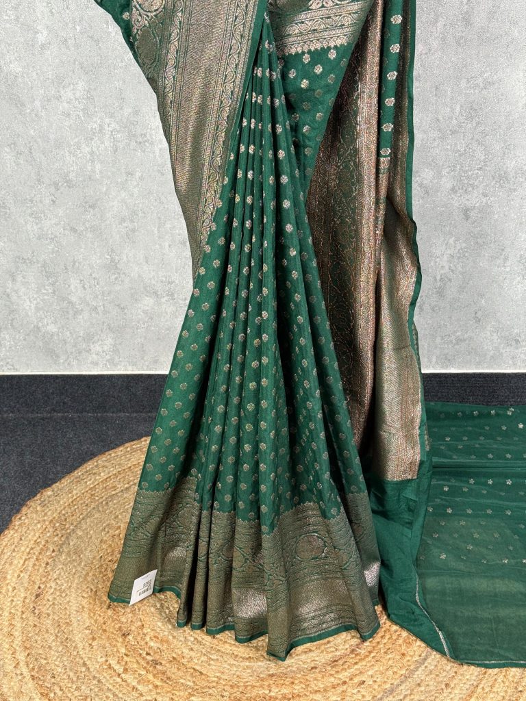 SEMI GEORGETTE ANTIQUE ZARI BANARASI SAREE - Image 3