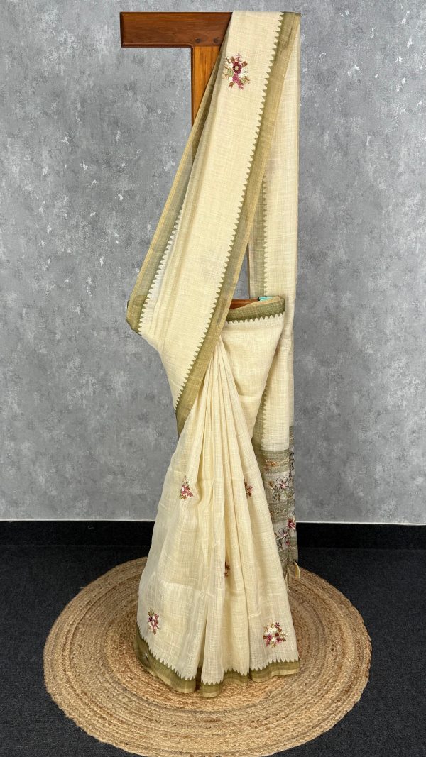 TISSUE LINEN EMBROIDERY SAREE