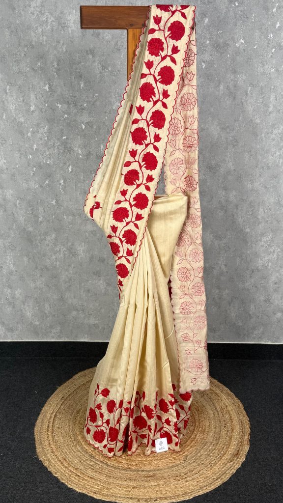 SEMI TISSUE APPLIQUE SAREE EMBROIDERY SAREE