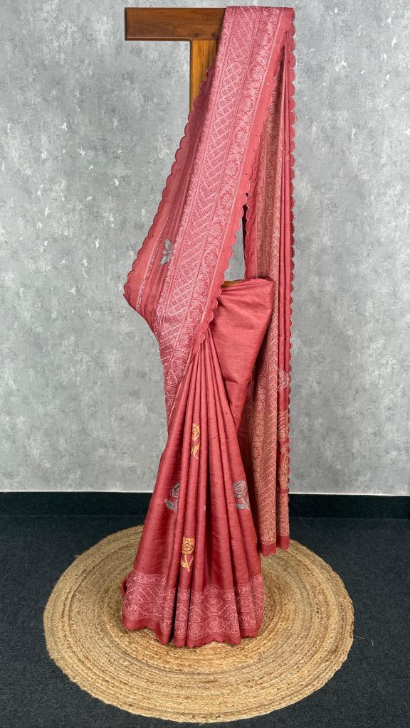 TUSSAR SILK EMBROIDERY ORGANZA SAREE