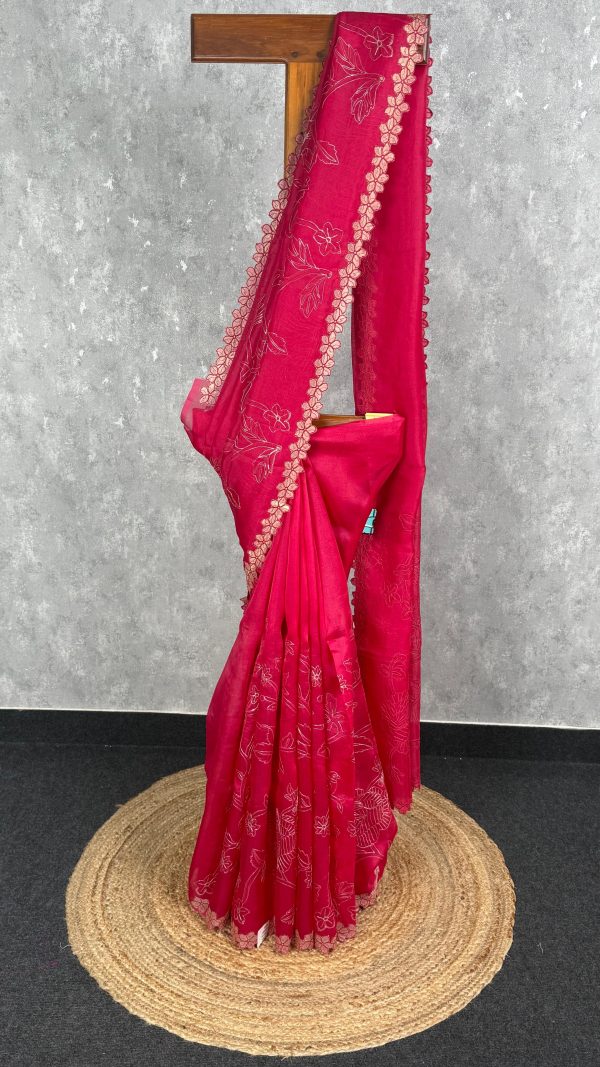 SILK ORGANZA APPLIQUE EMBROIDERY SAREE