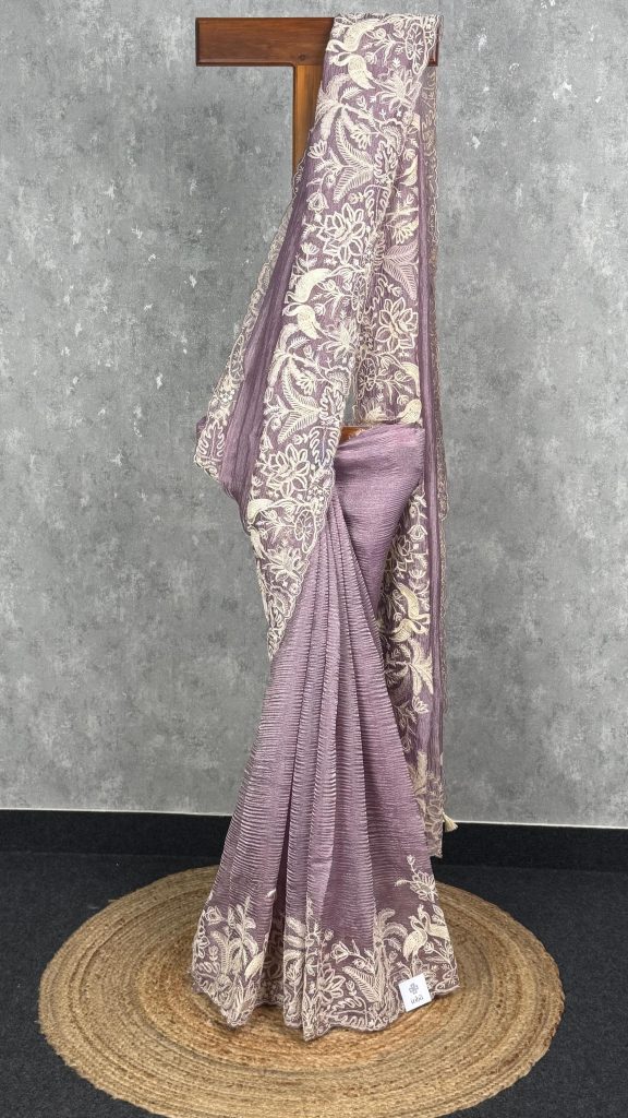 CRUSHED SILK ORAGNZA EMBROIDERY SAREE