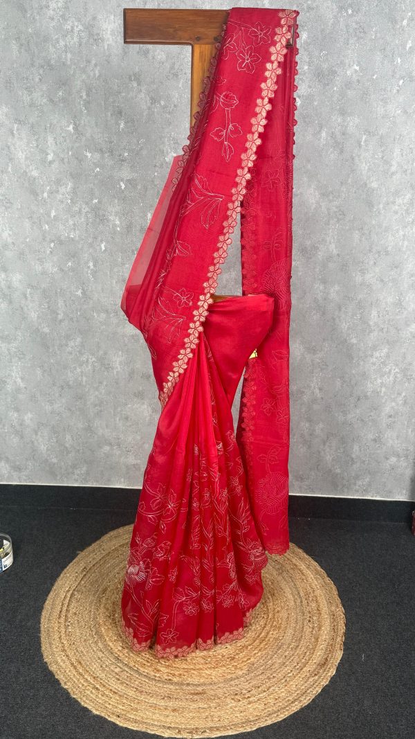 SILK ORGANZA APPLIQUE EMBROIDERY SAREE